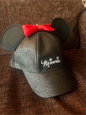 NEW Disney Minnie Mouse Ears Hat Black Glitter Red Bow with Adjustable Strap